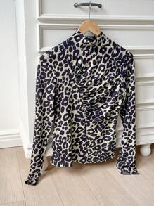 DAZY Women's Autumn High Collar Leopard Print Ruched Fitted T-Shirt Cheetah Print Long Sleeve Women Tops,Fall Women Clothes - Brown - View 7