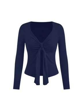 Lunelith SHEIN Lunessa Damen Langarm Lässig T-Shirt mit geraffter Vorderseite und Twist in Unifarbe, Herbst