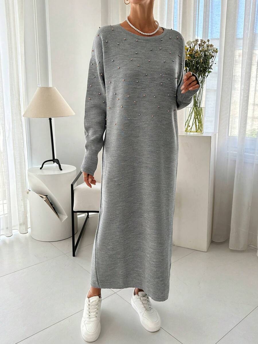 RueChic Stone And Pearl Oversize Maxi Pullover Dress - Grey - View 1