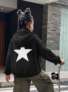 SHEIN Tween 女童星星印花连帽休闲长袖运动衫，秋冬款 - 黑色 - 查看 1