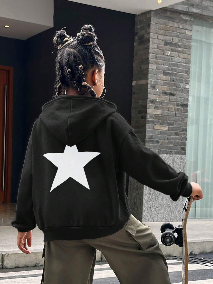 SHEIN Tween 女童星星印花连帽休闲长袖运动衫，秋冬款 - 黑色 - 查看 1