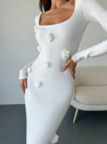 Aloruh Romantisches Damen Pulloverkleid mit quadratischem Ausschnitt, Langarm, floraler Stickerei und figurbetonter Passform, Beige - Beige - Übersicht 6