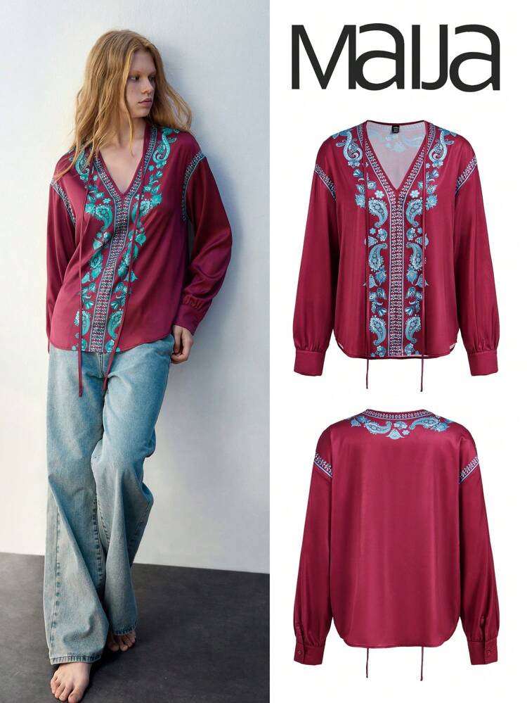 SHEIN Maija Damen Langarm Shirt mit Musterdruck in Mehrfarbig, Rundhalsausschnitt, Bordeauxrot, vielseitig für den Alltag tragbar, Herbst/Winter
