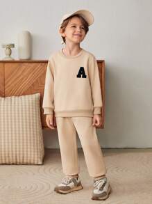 Cozy Pixies 2 件装小男孩恐龙印花柔软针织圆领套头连帽衫和抽绳裤套装