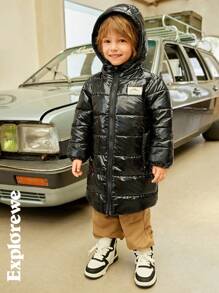 SHEIN Young Boy Winter Casual Glossy Hooded Long Length Padded Coat