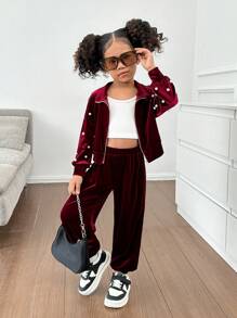 SHEIN 2 件套年轻女孩和幼儿女孩珍珠装饰天鹅绒运动衫搭配天鹅绒裤子的运动衫，女孩休闲秋冬装 - 紅色 - 查看 1