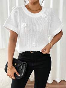 SHEIN Frenchy 女士休闲纯色蝙蝠袖 3D 花朵针织毛衣