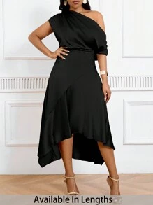 SHEIN Tall CURVE Plus Size Asymmetric Hem Satin Formal Dress With Waist Cinching, Elegant Evening Gown