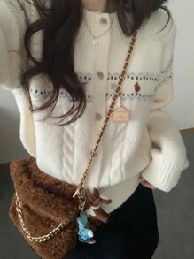 DAZY 女士休闲日常穿着前扣纹理针织插肩袖开衫，秋冬，长袖上衣，秋季女装 - 杏色 - 查看 7