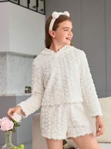 Tween Girls White Fluffy Hooded Long Sleeve Sleepwear And Shorts Pajama Set