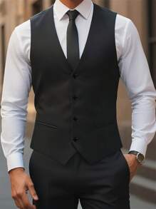 Calvornis Men's Solid Color Front Button Sleeveless Casual Suit Vest