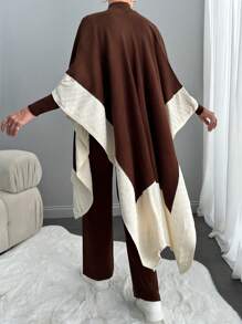 EURMUSE Woman Winter Three Pieces Sweater Pants And Shawl Set Co-Ords - Brown - View 2