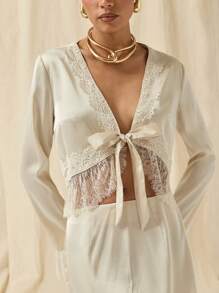 COSMINA Autumn/Winter 2pcs/Set Women Lace Trim Tie Front Long Sleeve Blouse And Skirt Outfit - Apricot - View 9