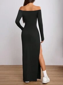Flirla 1 chiếc váy Maxi hở vai xẻ cao tay dài màu đen dành cho nữ - màu đen - Xem 2