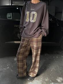 DAZY Retro Plaid Casual Straight Leg Pants,Fall Clothes - Brown - View 4