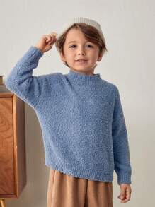 Cozy Pixies Suéter de cuello tripulación de manga larga de unicolor de punto suave para niño pequeño - Azul - Ver 3