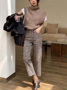 DAZY Leopard Print Straight Leg Cropped Jeans - Brown - View 6