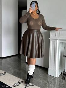 SHEIN Frenchy 大码休闲纯色 A 字裙，春夏 - 咖啡棕 - 查看 6