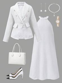 Tween-Mädchen High-End Elegante Lady Style Jacke mit Anzug, Herbst/Winter - Weiss - Übersicht 3