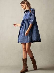 Bohemela Women's Casual Solid Color Woven Denim Short Sleeve Turndown Collar Long Shirt