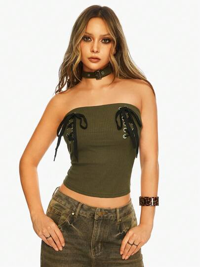 Grunge Punk Vintage Military Grünes, abgenutztes Frauen Tube Top Crop Weste mit Ösen und Schnürung und Choker
