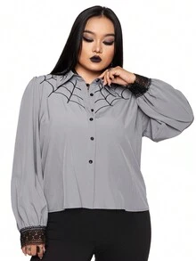 ROMWE Gothic Spider Web Embroidery Plus Size Shirt, Suitable For Layering - Dark Grey - View 3