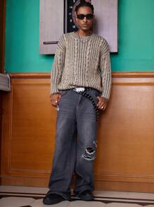 Men's Allover Print Crew Neck Long Sleeve Knitted Sweater