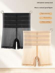 2pcs Solid Color High Waist Sheer Mesh Shapewear Shorts - Multicolor - View 4