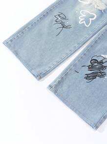 SHEIN ChillGRL 适合少女的涂鸦破洞阔腿牛仔裤，宽松男友风牛仔裤