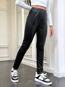 SHEIN Leap Crew Tween Girls' Stretchy Fitted Sports Leggings - Black - View 1