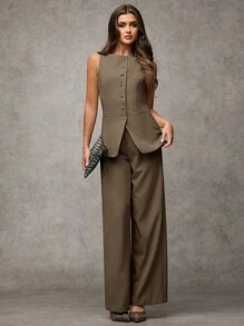 SHEIN BAE بذلة نسائية أنيقة من سترة وبنطال ذات لون واحد وياقة مستديرة أنيقة للارتداء اليومي، ملابس صيف وخريف للنساء، ملابس مكتبية رسمية كاجوال، بدلة مكونة من قطعتين للنساء في فصل الخريف، بليزر نسائي - بني - مشاهدة 4