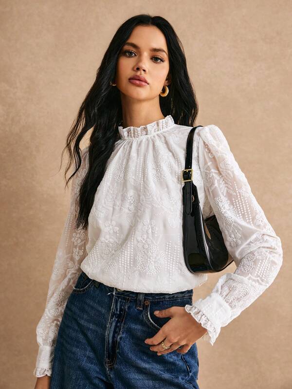 Poéselle Mock Neck Floral Embroidery Lettuce Trim Blouse Wedding Summer Tops