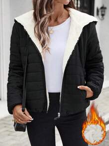 SHEIN LUNE Women's Black Casual Street Style Lightweight Padded Short Jacket, Winter
