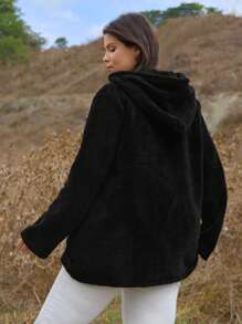 EURMUSE Plus Casual Solid Black Teddy Fur Zipper Hoodie Jacket - Black - View 2