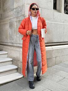 RueChic EXTRA LONG PADDED WINTER ORANGE SPORTY HOODED COAT - Burnt Orange - View 5