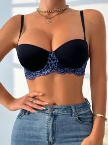 Women Removable Strap Bras, Simple & Romantic Lace Patchwork, Contrast Color, Tube Top Convertible - Black - View 3
