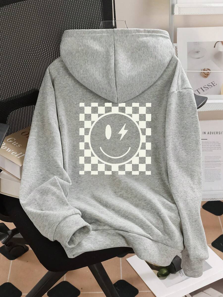 Tween Girl  Minimalist Print Hooded Sweatshirt - Grey - View 1