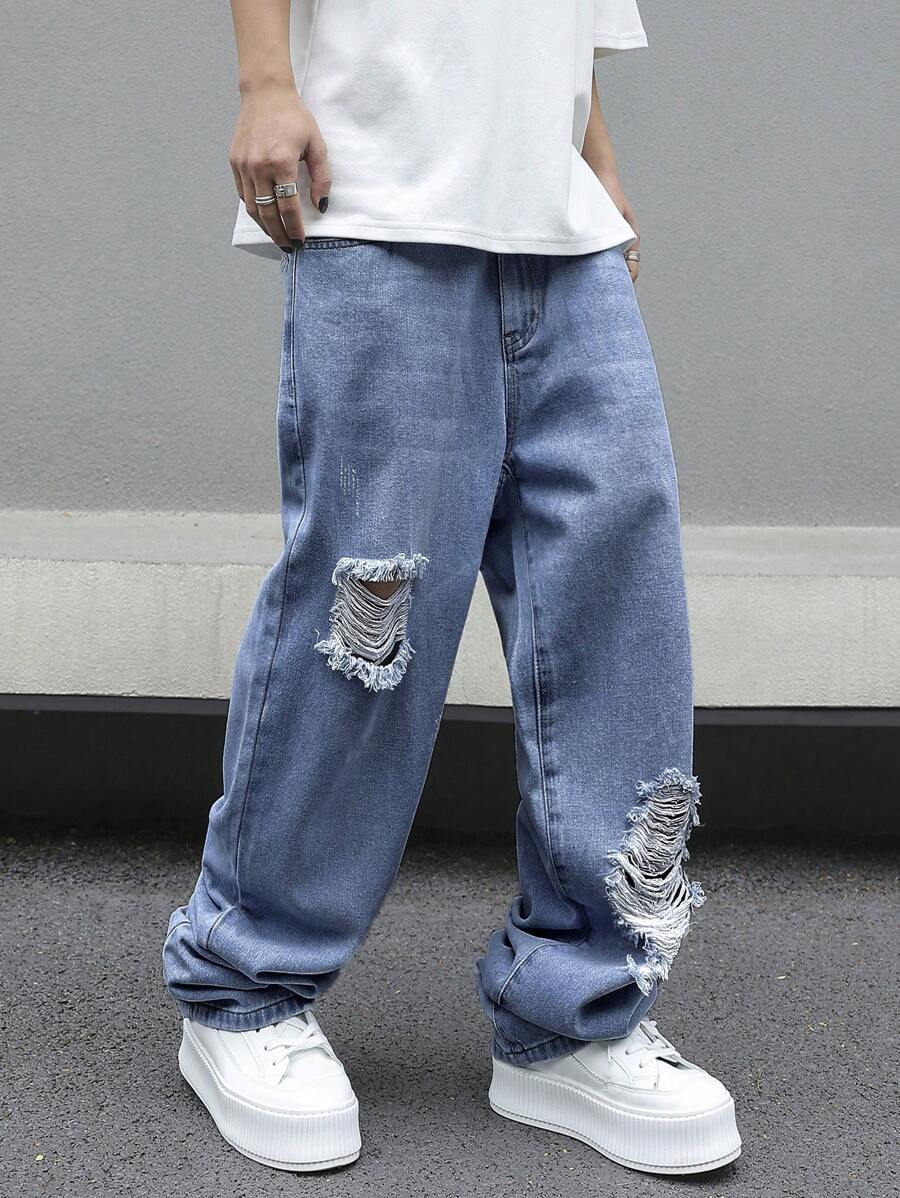 Manfinity EMRG Men's Casual Distressed Loose Jeans, Men Ripped Jeans, Baggy Jeans, Men Loose Fit Jeans - Medium Wash - View 1