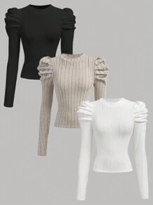 SHEIN Girlism Teen Girls 3pcs/Set Black, White & Beige Crew Neck Ribbed Texture Fitted Gigot Sleeve Graphic Tops, Elegant Vintage Style (Buy 1 Get 2 Free) - Multicolor - View 3