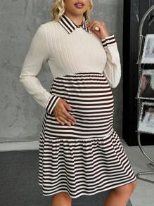 SHEIN Vestido casual de manga larga con cuello a rayas, dobladillo con volantes, para embarazadas, otoño