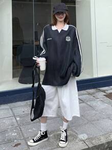 DAZY 1pc Women Casual Side Stripe Drop Shoulder Long Sleeve Loose Sweatshirt, Autumn - Blue - View 3