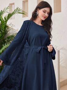 Al Najma 1套女式纯色圆领长袖束带连衣裙+长袖阿拉伯长袍套装 - 藍色 - 查看 8