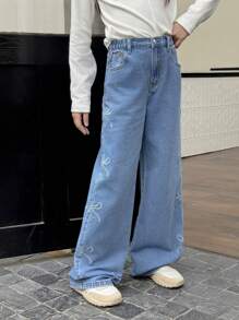 Tween Girl Casual Fashion Ripped Bowknot Embroidered Washed Straight Leg Jeans,Holiday,Summer,Travel, School, Campus, College - Medium Wash - View 4