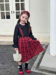 SHEIN 2 Stücke Set für Kleine Mädchen bestehend aus Langarm Hemd in Unifarbe und karriertem Trägerkleid, für den Herbst - Verschiedenfarbig - Übersicht 3