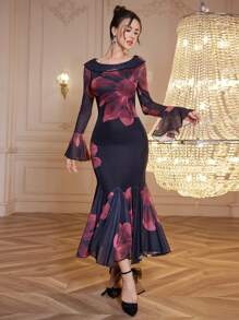 Modelyn Vestido largo de malla con estilo flamenco, vestidos de noche largos
