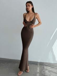 Aloruh Robe longue moulante élégante avec décolleté en V profond, à fines bretelles, dos nu et bandes bandage