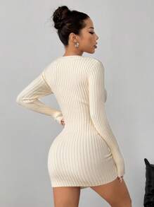 SHEIN Unity Women's Solid Color V-Neck Long Sleeve Simple Short Casual Sweater Dress Fall Winter Cloth For Women - Beige - View 2