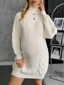 SHEIN Turtleneck Cable Knit Maternity Long Sweater Top, For Winter - White - View 4