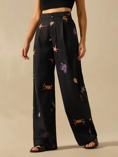 CAJUNI Women Vacation Elastic Waist Loose Fashion Boho Tropical Print, Parrot, Crab, Starfish Palazzo Pants, Casual Beach Summer Trousers