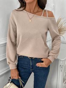 EMERY ROSE 1pc Women's Khaki Off Shoulder Long Sleeve T-Shirt, Autumn/Winter - Khaki - View 3